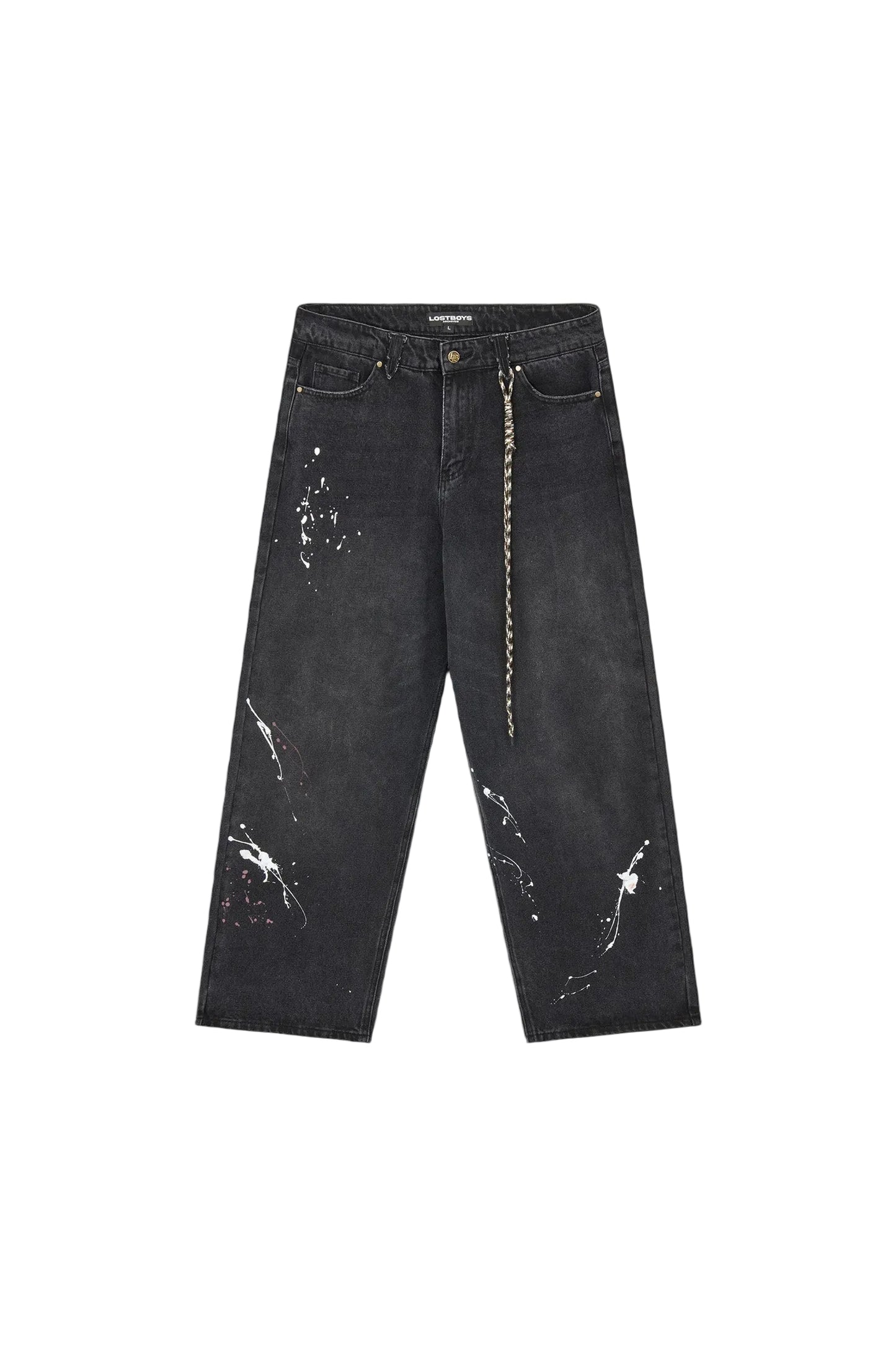 Black washed denim jeans with white paint splatter details and a decorative gold chain hanging from the side pocket, displayed flat against a light gray background.
