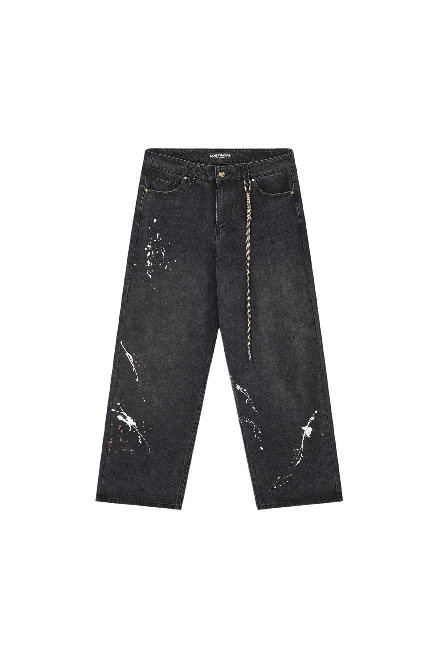 Black washed denim jeans with white paint splatter details and a decorative gold chain hanging from the side pocket, displayed flat against a light gray background.