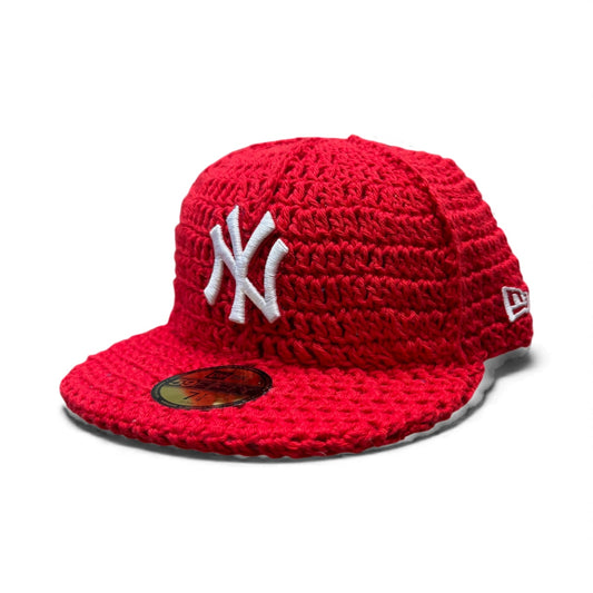 Crochet Fitted New Era Hat / Yankees / Red / Size 7 1/4