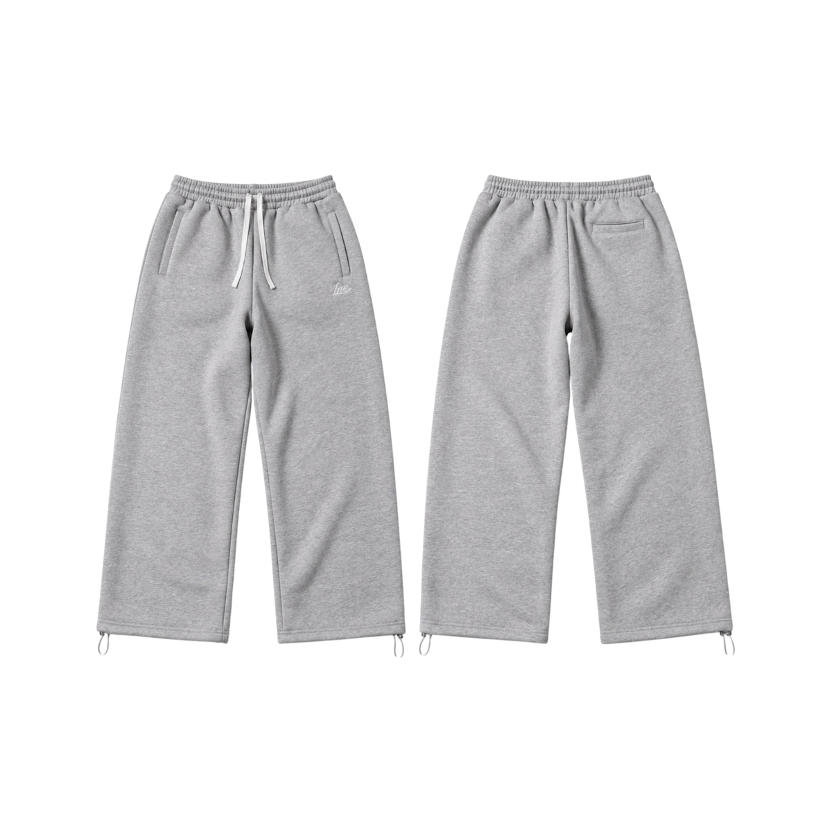 A pair of light grey heather sweatpants shown from both the front and back views on a solid white background.