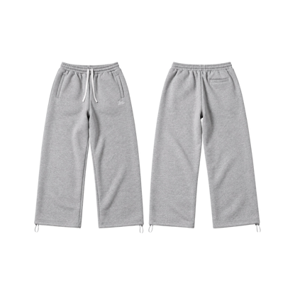 A pair of light grey heather sweatpants shown from both the front and back views on a solid white background.