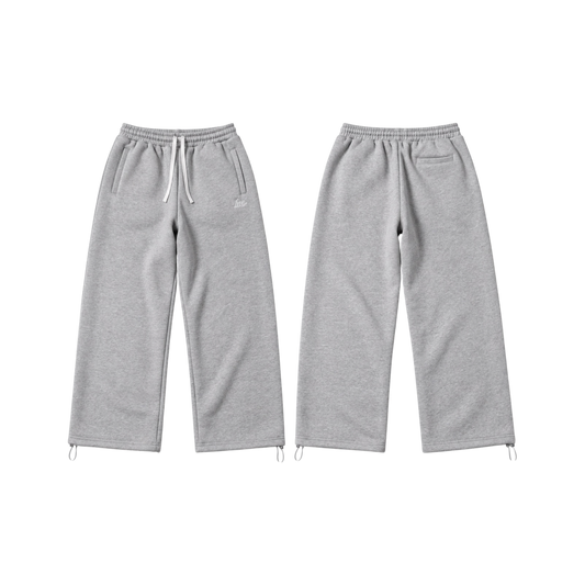 A pair of light grey heather sweatpants shown from both the front and back views on a solid white background.